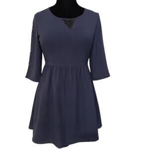 Yumi Blue Pintuck Pleat 3/4 Length Sleeve Scoopneck Black Floral Lace Dress 6/8